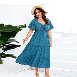 BloomChic Plus Size 2XL Plain Ruched Drawstring Pocket Ruffle Tiered Dress us18